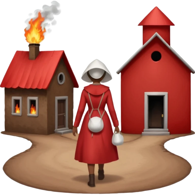 handmaids tale style woman burning house down walking away from house. shes wearing the nun hands maid tale hat cant see her face with brown hair shes wearing the red handmaids tale costume with white bonnet emoji