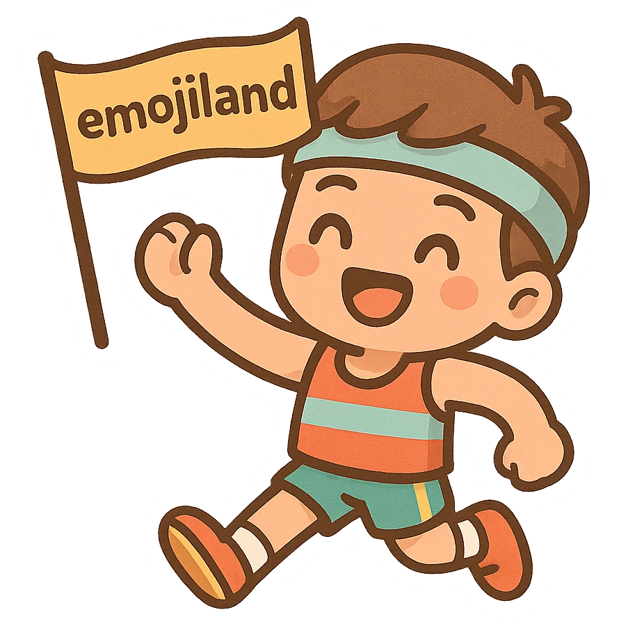 happy runner waving a flag that says 'emojiland' emoji