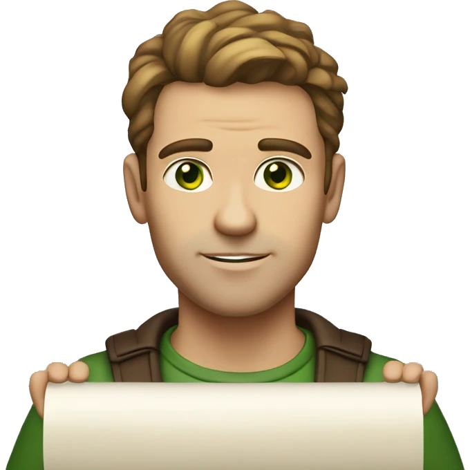 A light-skinned man with piercing green eyes, styled brown hair holding the long white paper scroll emoji