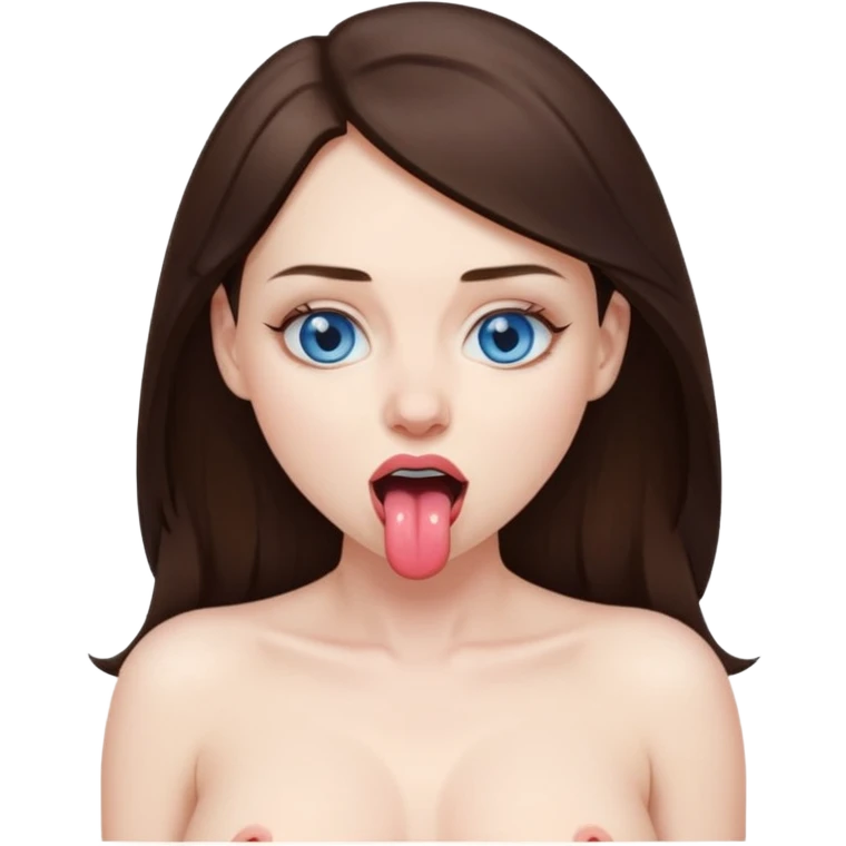 Brunette woman with blue eyes, with big naked tits with nipples, with tongue out while drooling  emoji