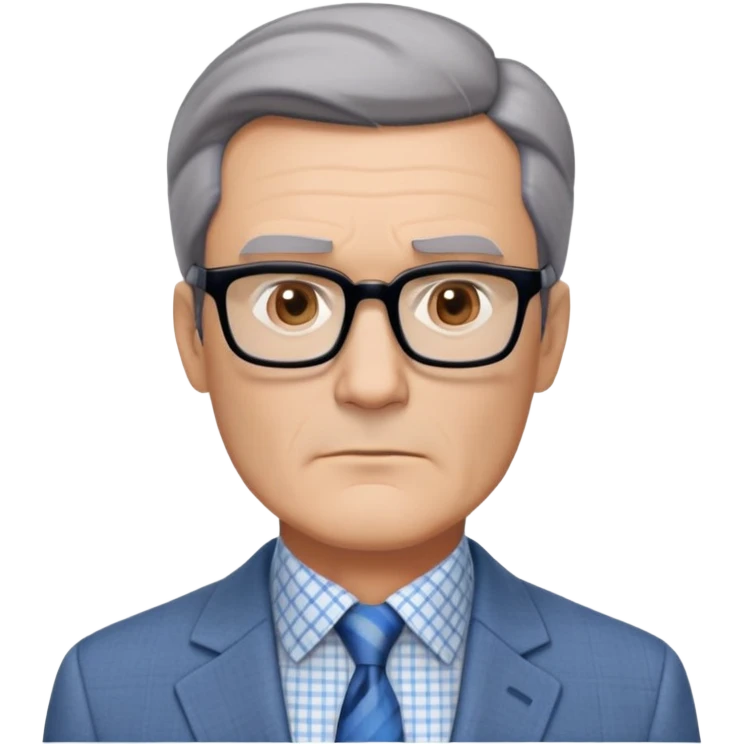 Middle-aged man around 50 with oversized square jawline that's broader than his forehead. Large dark square-framed glasses, short straight hair with subtle graying and side part. Serious expression. Light gray blazer, white button-up shirt with blue checkered pattern. emoji