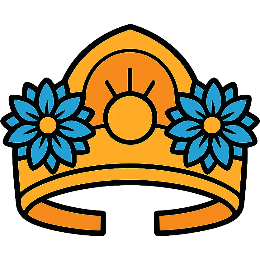 A queen level fantasy tiara-crown, golden and sun color shaded, with light royal blue colored dahlia flowers embedded in the ring of the crown, semi-realistic emoji