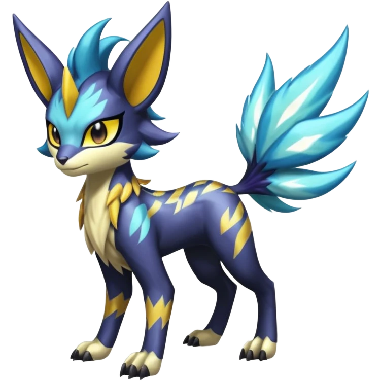 Shiny colorful exotic Feral Scaly Striking Slaying Badass Evil Handsome Lightning-patterned Zig-zagged buzzy fuzzy Meloetta-Renamon-Luxray-Cobalion-Suicune-Vernid-fusion-hybrid-creature, full body  emoji