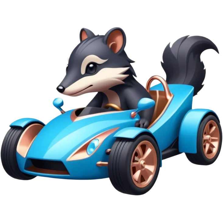 dark crystal blue and rosegold-accented faceted-body electric racing car driven by a small cute but fearless skunk with rear spoiler, roll bar, and wheely bar emoji
