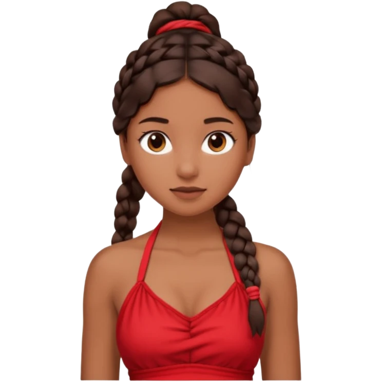 A tanned girl's face Over-the-shoulder braid dark brown hair with red halter top emoji