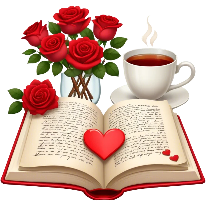 Icon for Romance Reading: an open book with a heart-shaped bookmark, surrounded by roses, a love letter, and a cup of tea. The icon should evoke the warmth, passion, and emotional depth of a love story. Transparent background emoji