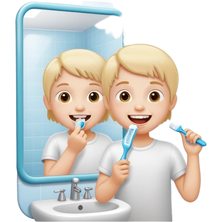 child brushing teeth in front of a bathroom mirror, cheerful expression emoji