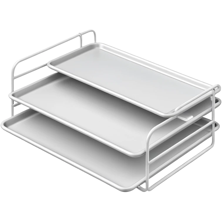 A minimal, clean emoji-style illustration of a white metal desk paper organizer tray, shown in slight isometric view so its structure is readable at a small scale. The organizer is rectangular with rounded corners, made of thin white metal wires, forming two to three stacked horizontal slots.
 emoji