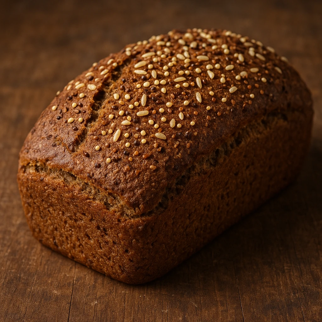 whole wheat bread with quinoa and rice, realistic photo, whole loaf, golden crust, rustic appearance emoji