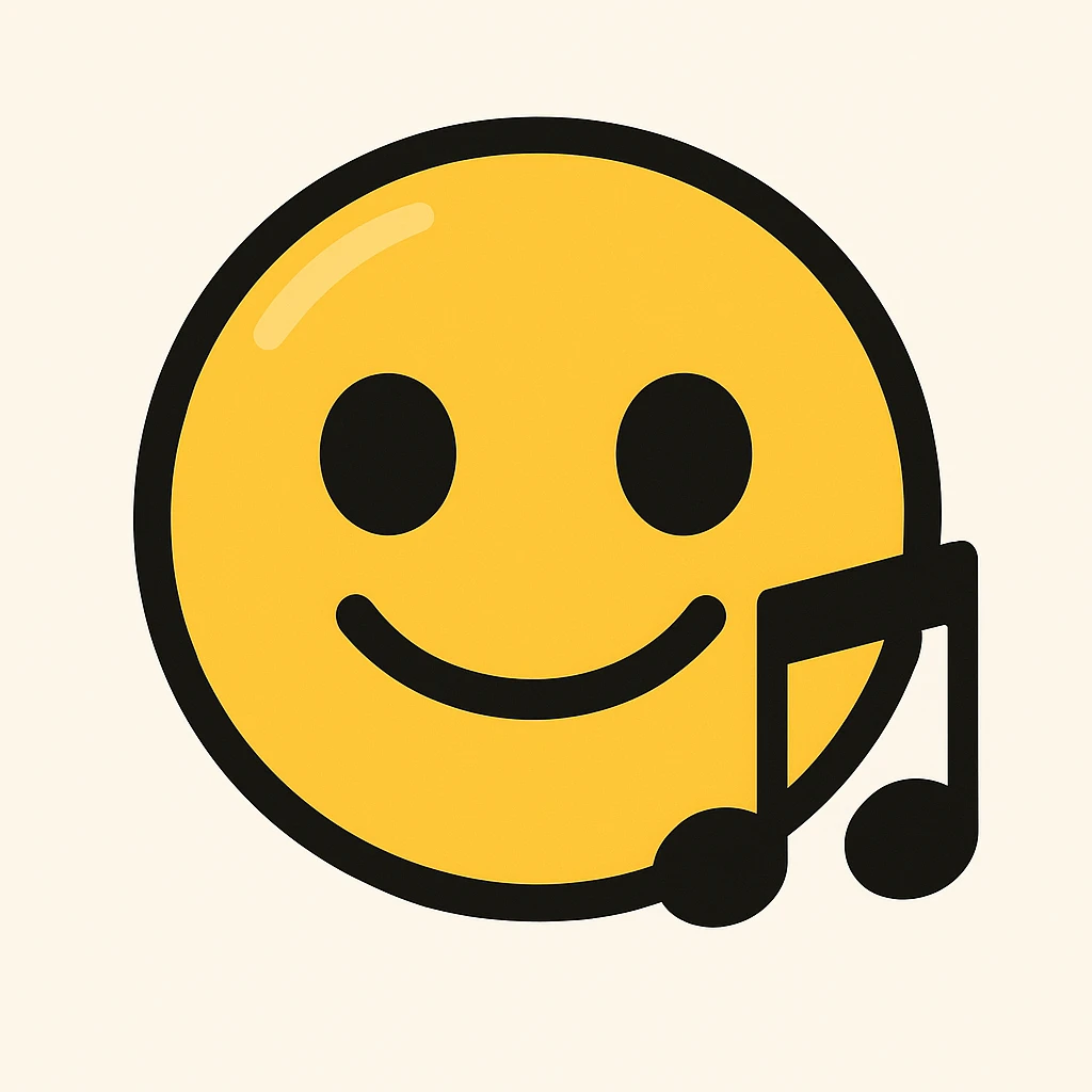 Adjust the emoji style to match the Rednote app emoji style exactly: flat, shiny rounded face, big expressive eyes, yellow and black palette, musical note symbol, no 3D effects. emoji