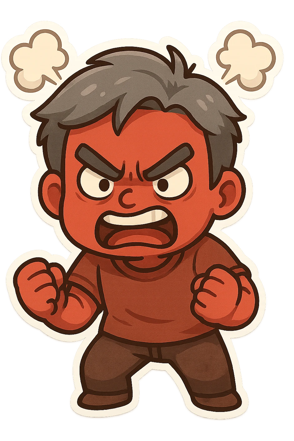 an enraged man with red skin and gray hair, clenched fists, cartoon style emoji