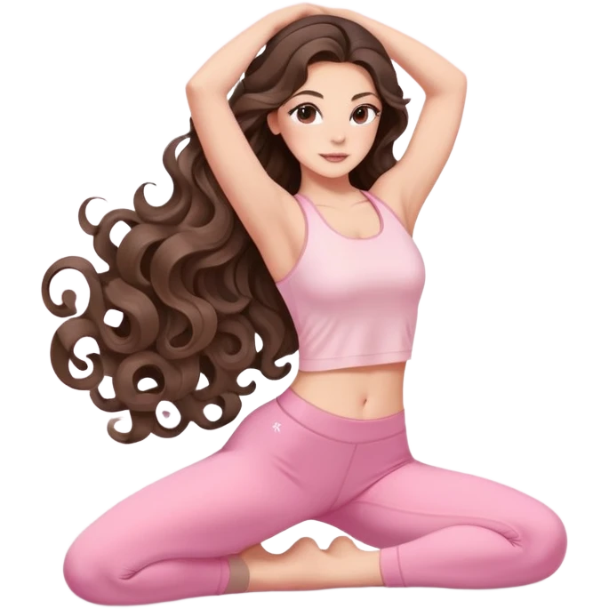 beautiful brunette with a light balayage white girl with nice defined and long curls , very long hair, clean girl makeup STRETCHING HER BODY IN LIGHT PINK GYM emoji