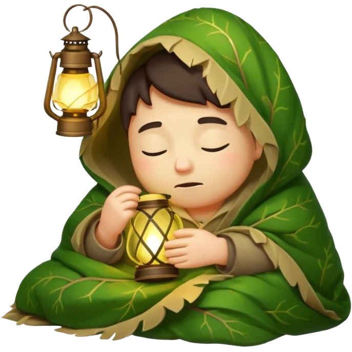 sleepy forest character wrapped in leaf blanket holding glowing lantern half asleep emoji