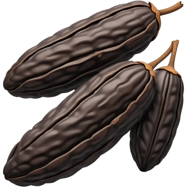 single or small cluster of Tonka beans with wrinkled, elongated almond-like shapes, deep brown to black color, textured slightly glossy surface with visible ridges and curved natural form, soft lighting, subtle shadows, emoji scale emoji
