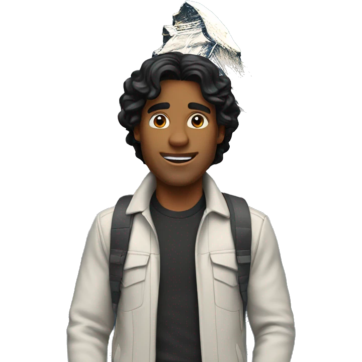 a white man with black hair standing infront of the matterhorn emoji