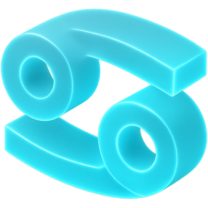 A minimalistic glowing zodiac symbol ♋, centered on a dark cosmic background, symbol color #00d9ff, clean design, modern and luminous emoji