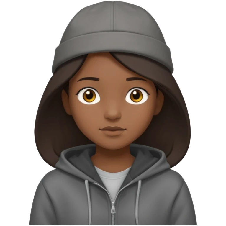 Hobo tomboy with shoulder-length center-parted dark brown hair. brown eyes, dark dull brown hoodie, grey shirt. Flat crown bolero hat emoji