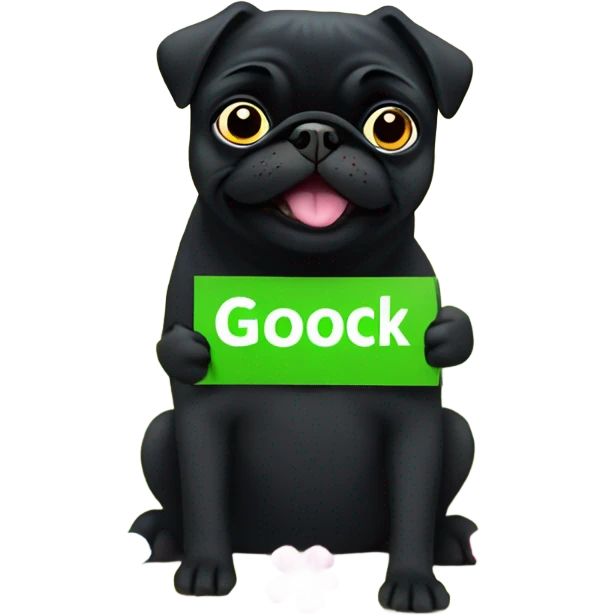 Black pug , surrounded by flowers, holding a green sign that says “good luck”  emoji