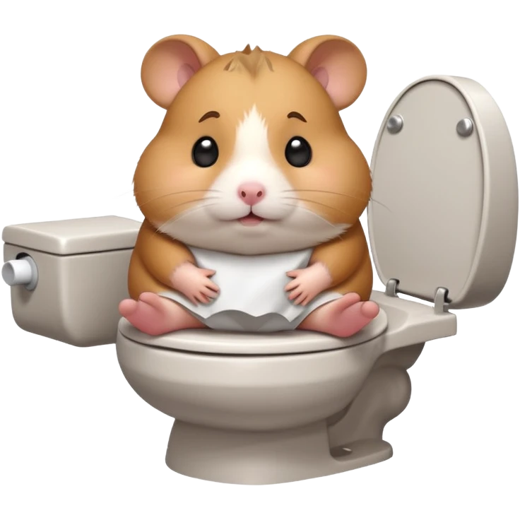 Cute chubby cartoon-style hamster sitting on toilet looking as if he had an accident, sticker-style illustration emoji