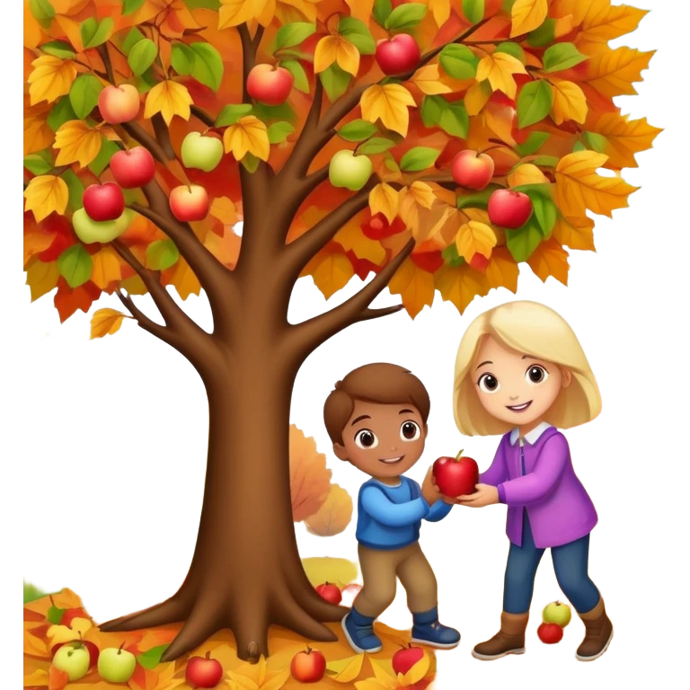 kids picking apples from a tree in autumn, colorful fall leaves, cheerful expressions emoji