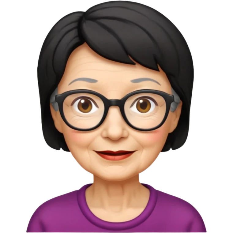 elderly woman with wrinkles, glasses, short black hair, friendly expression, Apple emoji style emoji