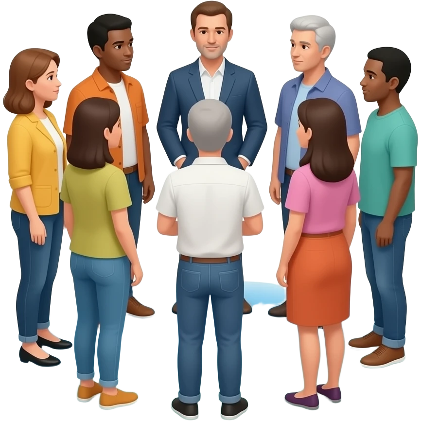 Minimalist flat design icon of a group of full-body diverse people standing together, representing general population, inclusive and modern style, soft gradient (blue, green, and orange), no text, transparent background emoji