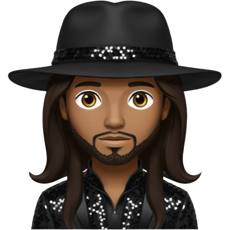 Ahmad "Real" Givens with long dark brown hair, black sequin outfit, black hat emoji