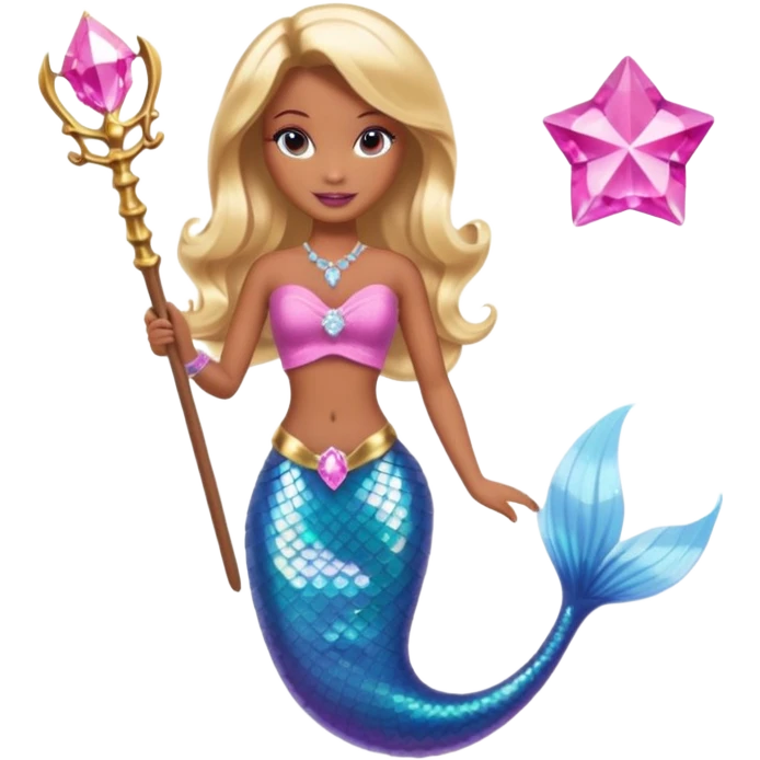 Brown skin blonde hair barbie mermaid with pink diamond tail and wand  emoji