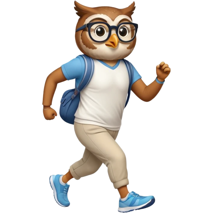 friendly anthropomorphised owl in pants and a shirt, wearing glasses, jogging upright, standard pose emoji