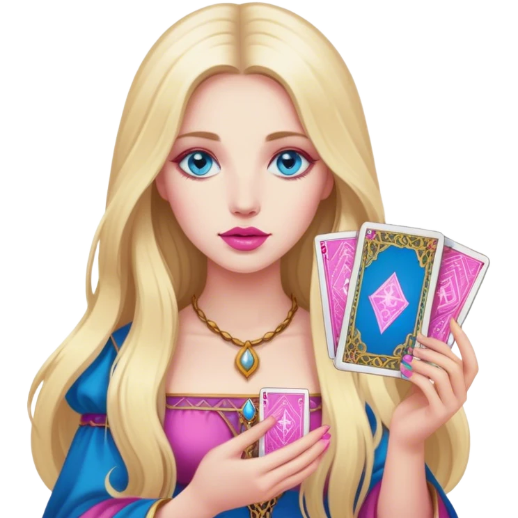 A realistic blonde with long hair and blue eyes and pink lips holds tarot cards in her hands emoji
