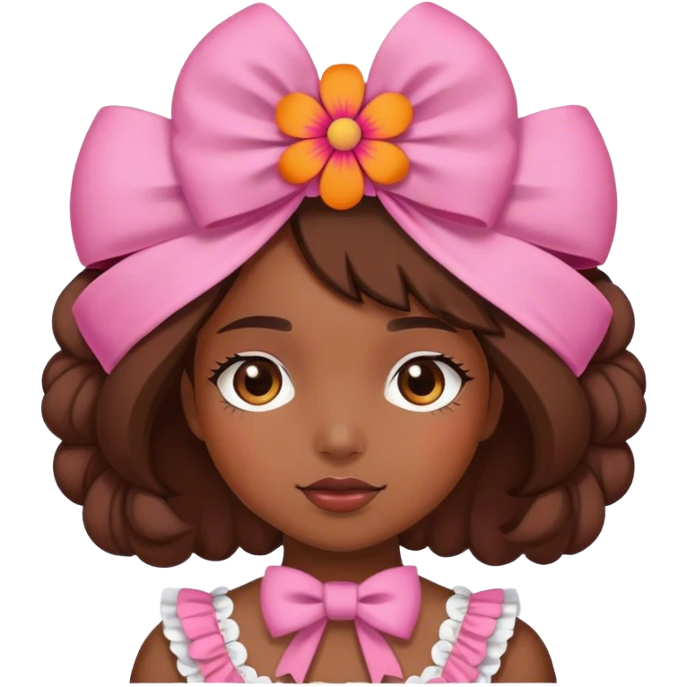 Girl wearing a pink and orange flower bonnet that ties into a bow in the front emoji