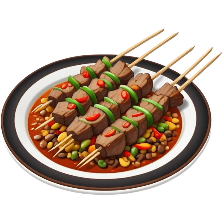 Xinjiang roasted lamb skewers with cumin and chili, simplified emoji style with bold outlines and bright colors, cartoon style Uyghur style Kawap emoji