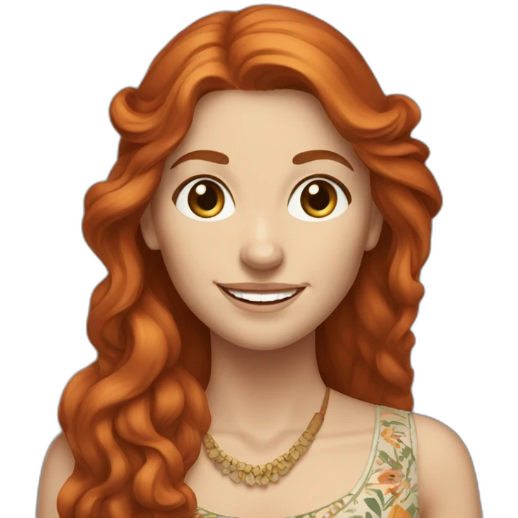 redhead white woman long hair, smiling, wearing boho dress emoji