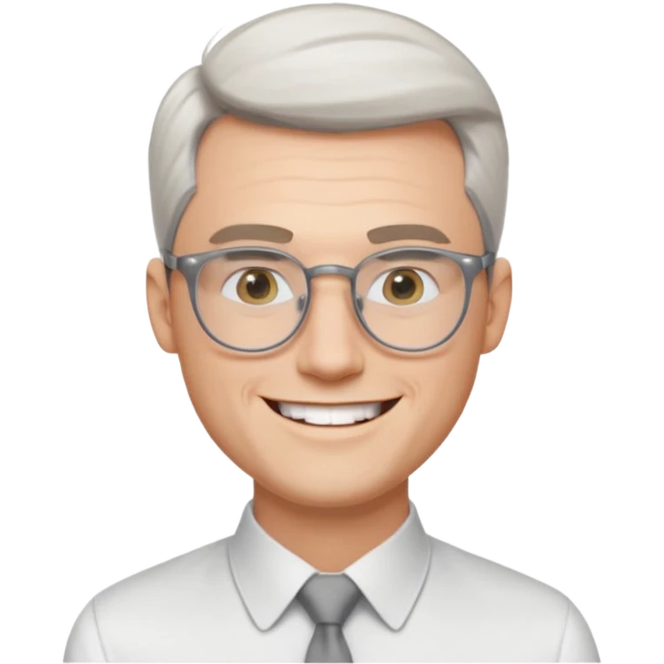 30 yr old pale white man, white/grey side swept stylish hair, round glasses, big smile, white teeth, handsome, longer hair, thin glasses, white dress shirt, smooth forehead, botox, no tie, open collar emoji