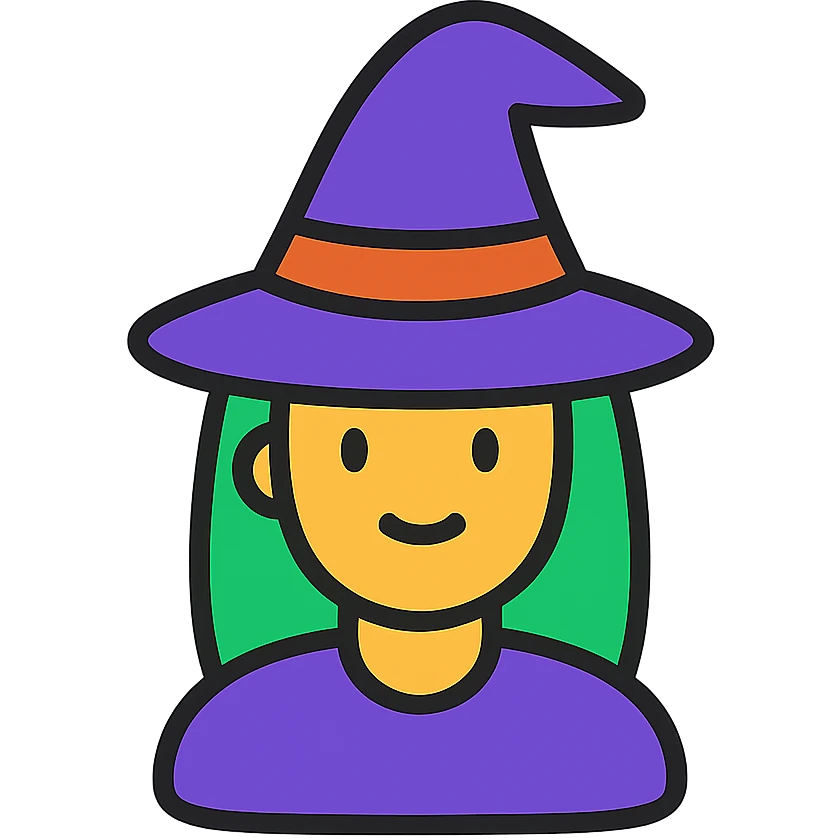 witch icon, color outline style, black outlines with subtle color accents, minimalistic emoji