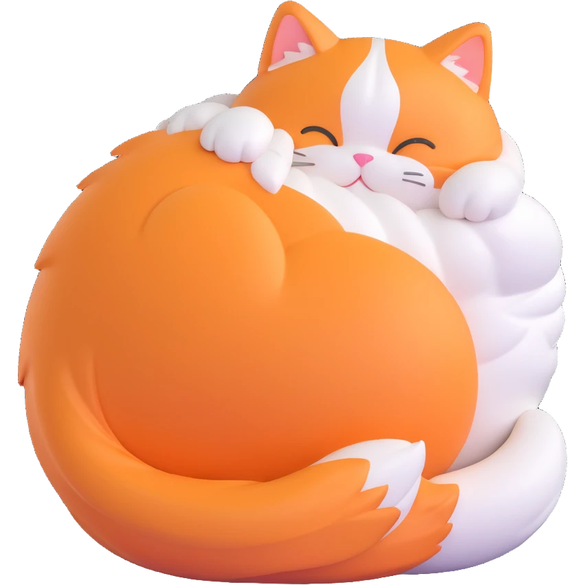 Turn this fluffy orange and white cat, curled up with its back turned, into a 3D iOS-style kawaii emoji. Make it look cute, rounded, and shiny, with a soft, playful expression. No text, just the cat in 3D kawaii style. emoji