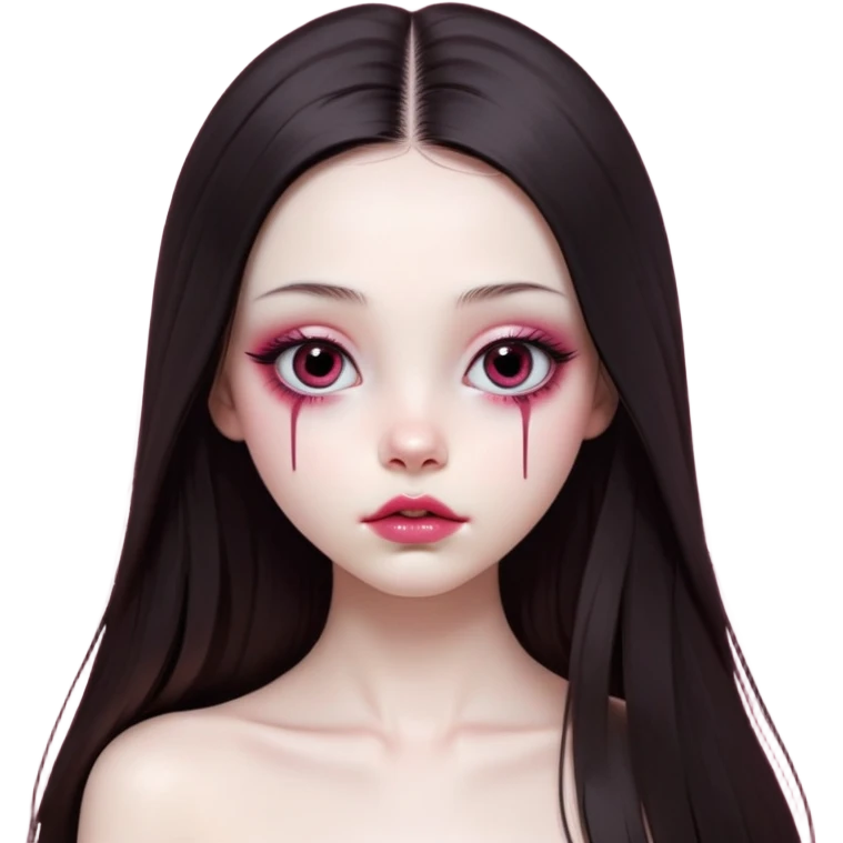 girl with white skin, dark brown long realistic straight hair with middle part prominently falling in front of her body over her shoulders, lips with reddish-pink shiny lip gloss and absolutely no cupid's bow, simple big round eyes with very black shiny eyeballs with no makeup at all, completely bare natural eyes, no colored eyelids, no eyeshadow, no eyeliner, natural eyelashes, light pink blush on cheeks, lighter button nose, exceptionally elongated very long oval-shaped face, wearing a pink off-shoulder top, looking directly at camera with hands down at sides emoji