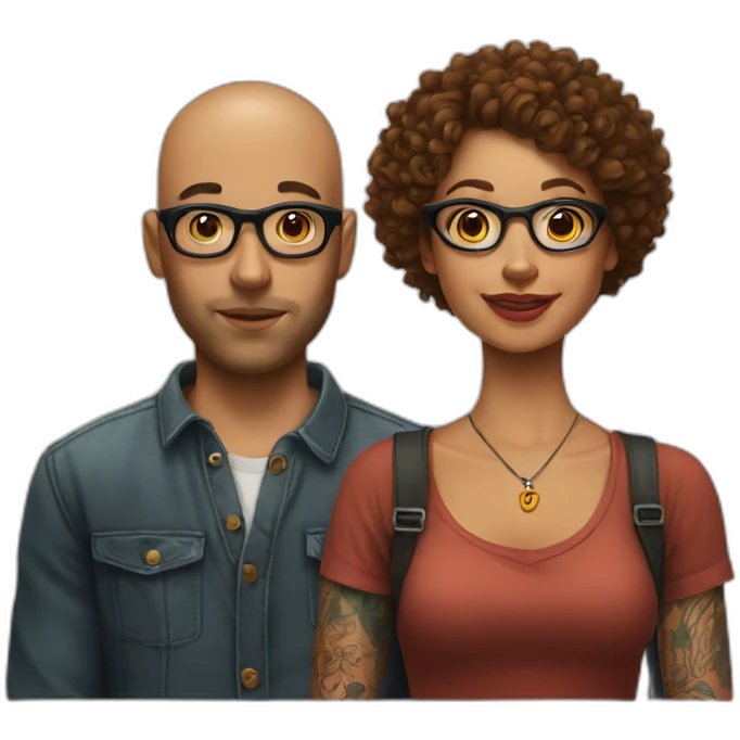 Young Bald man with tattoos. And Young curly-haired lady wearing glasses emoji