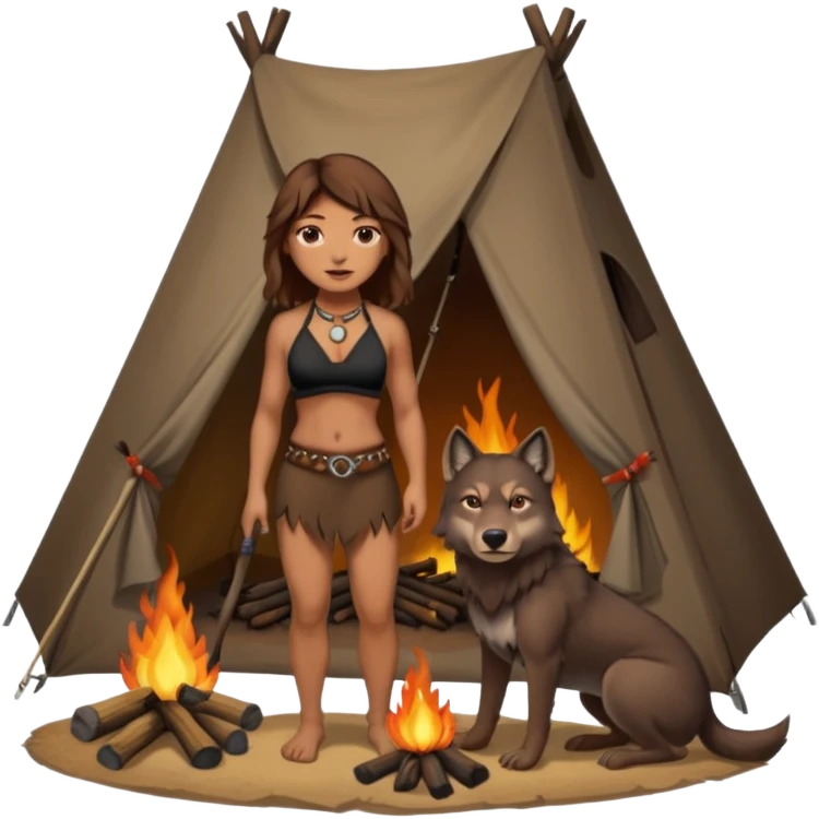 a NEANDERTHAL WOMAN WITH BROWN HAIR STANDING BY A FIRE AND TENT WITH BLACK WOLF HALTER TOP AND COMPUTER' emoji