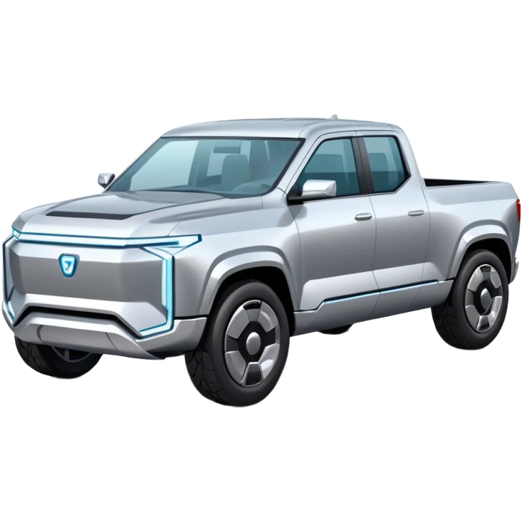 A futuristic electric pickup truck emoji, silver chrome body, angular cyber design, smooth metallic panels, subtle reflections, minimalistic proportions, iOS emoji style, centered composition, clean white background, soft lighting emoji