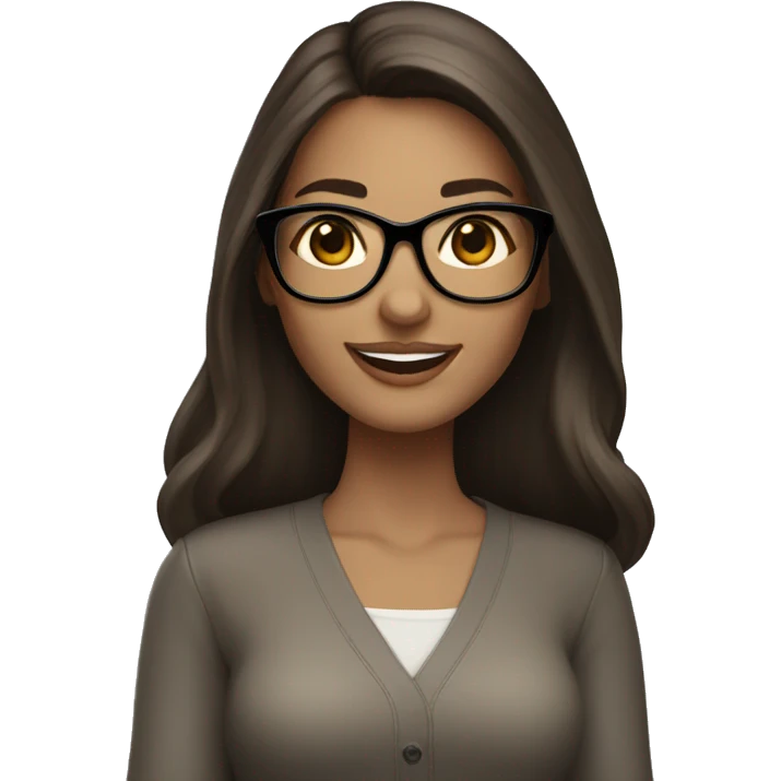 Light brunette woman, long dark hair, light brown eyes, smiling, big eyelashes, white glasses, with iPad in hand emoji