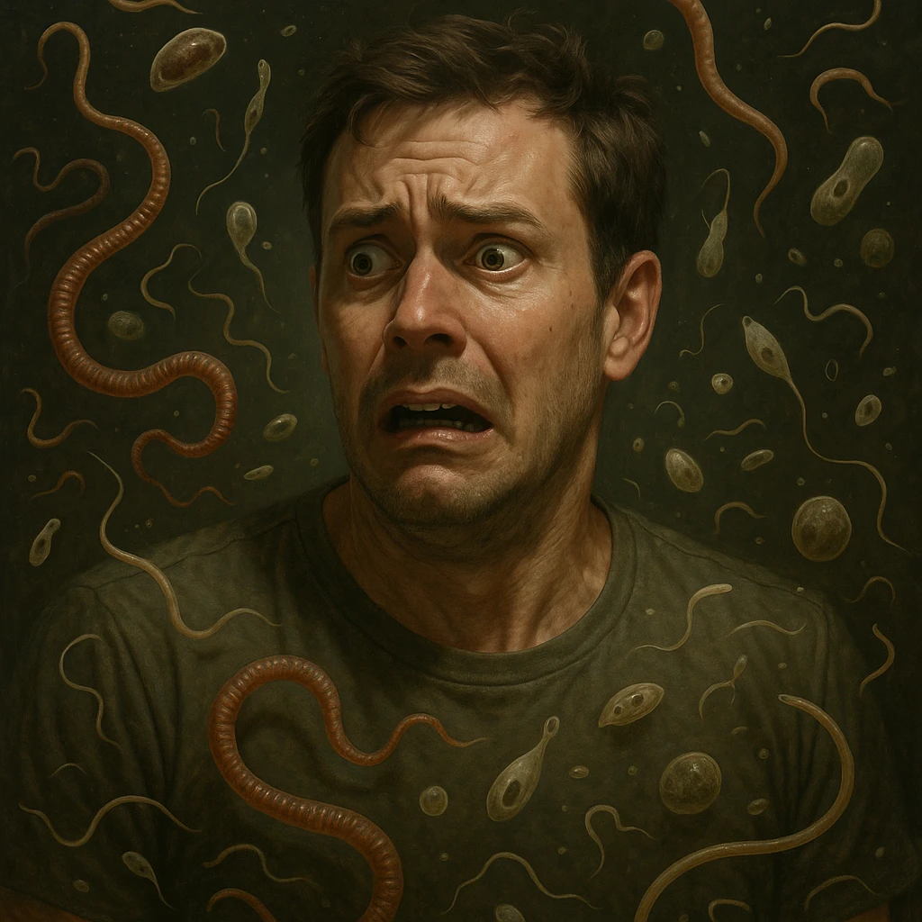 Create a realistic man with a scared expression, surrounded by intestinal parasites such as worms, protozoa, and microscopic forms floating around him. The style should be realistic with an impactful atmosphere. emoji