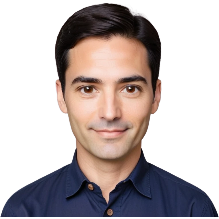Man in his 40s with wide square face, marked jawline, full cheeks, friendly expression, medium dark brown eyes, thick natural eyebrows, straight wide nose, medium lips curved slightly upward in a relaxed smile, short neat dark brown almost black hair, wearing a navy blue button-up shirt emoji