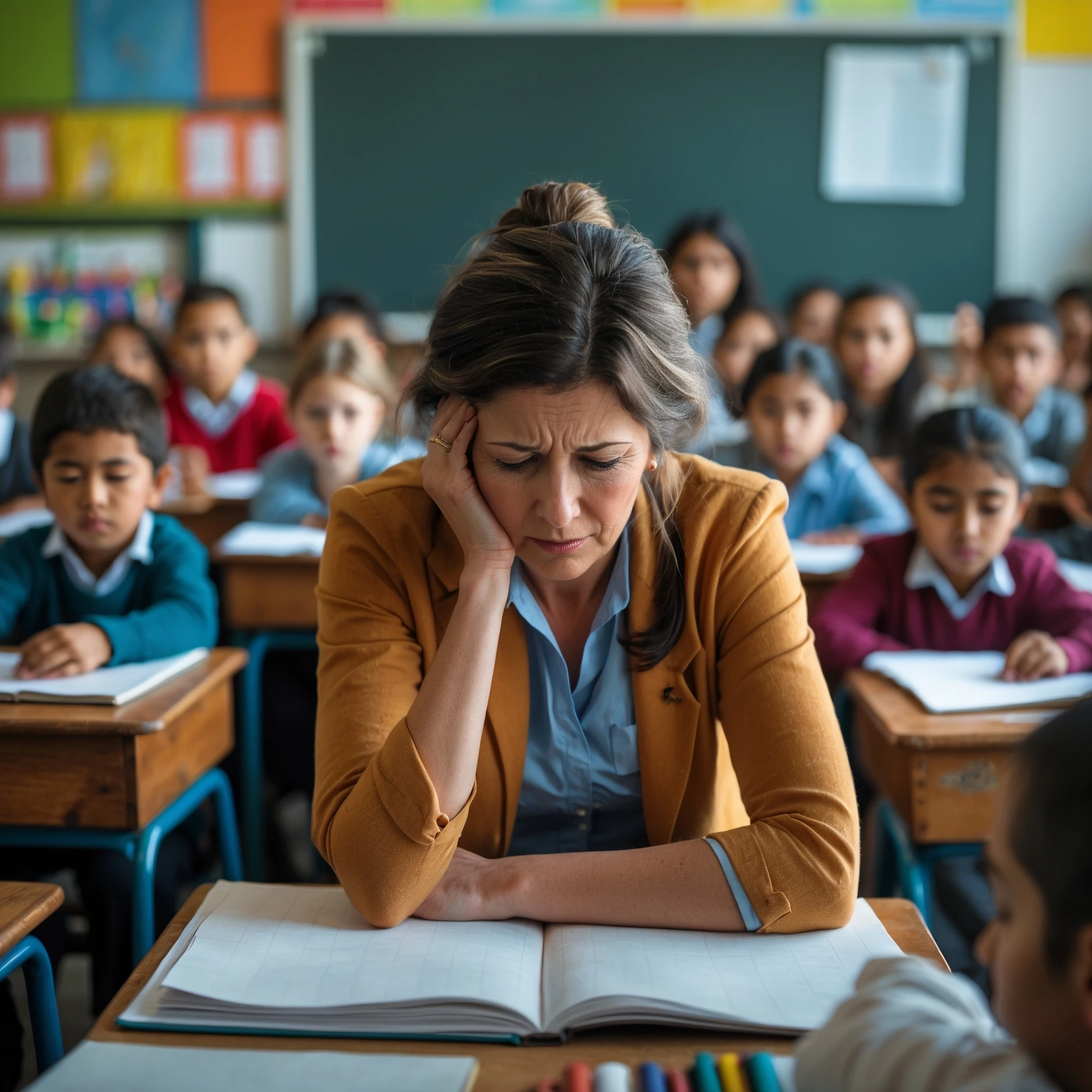 exhausted teacher in a bustling classroom emoji