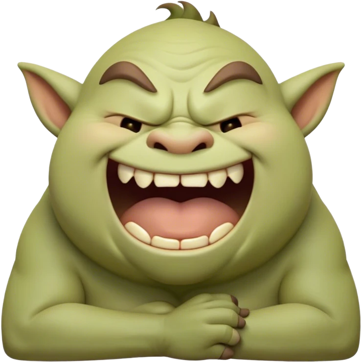 Cinematic Cute Yawning Ogre Portrait Emoji, with a surprisingly cuddly, rotund figure in soft earthy greens and browns, head tilted back in a big, gentle yawn exposing a set of comically oversized teeth, simplified yet irresistibly adorable, highly detailed with a soft glowing outline that captures the sleepy charm of a friendly ogre after a long day of gentle mischief! emoji