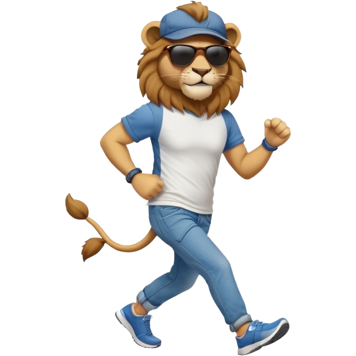 friendly anthropomorphised lion in jeans and a t-shirt, wearing dark sunglasses and a hat, jogging upright in relaxed pose emoji