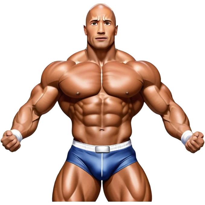 Dwayne 'The Rock' Johnson on stage at the Mr. Universe bodybuilding competition, covered in oil, flexing his powerful muscles. His physique shines under bright stage lights, showcasing his strength and dedication. The audience and judges are blurred in the background. Transparent background. emoji