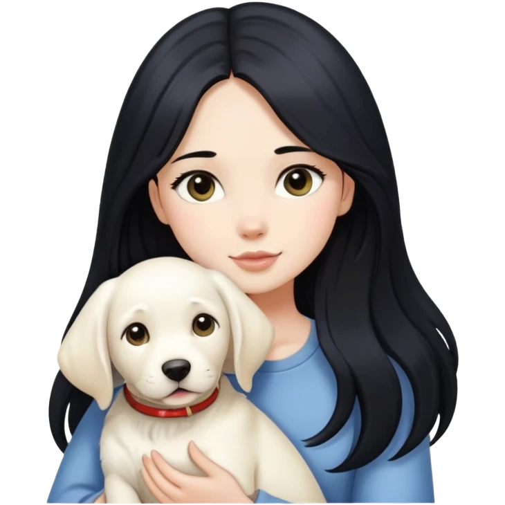 A beautiful girl with long black hair and fair skin is holding a white Labrador emoji