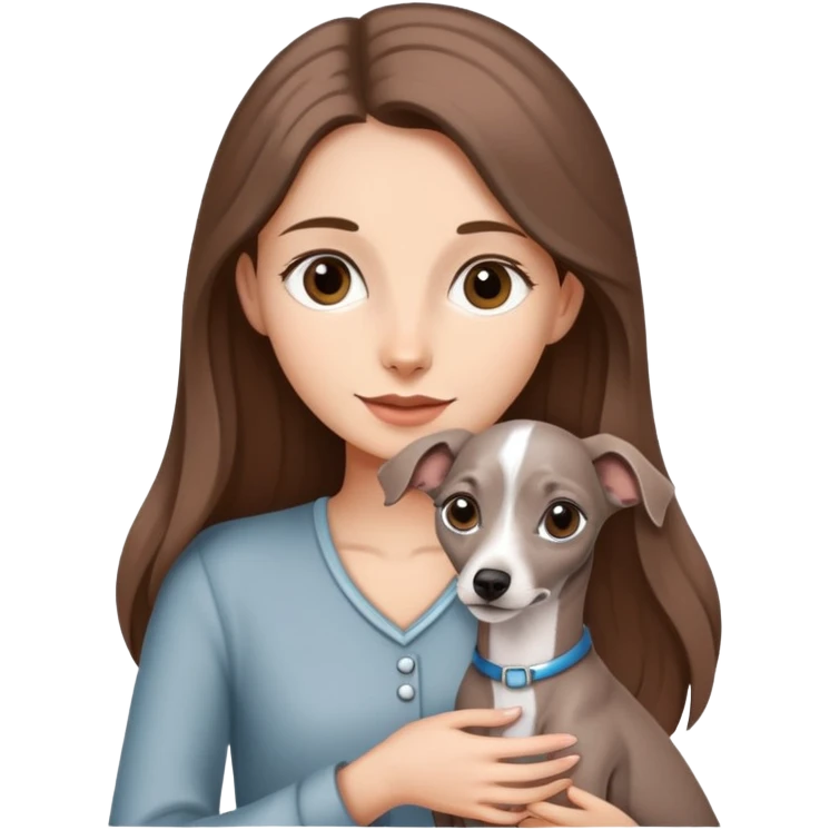 A girl with long brown hair holding a gray Italian Greyhound emoji