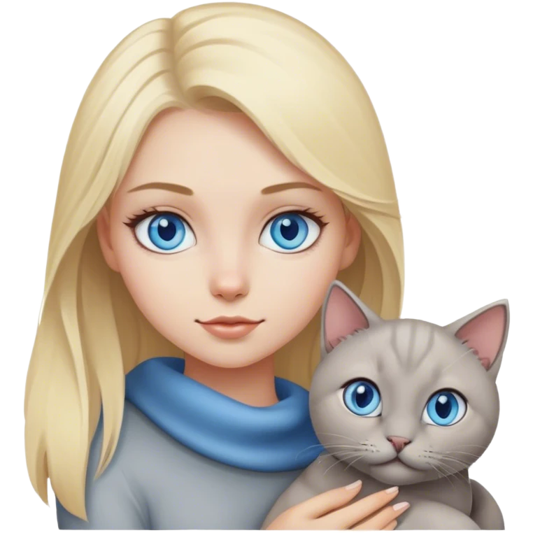 Blonde girl with blue eyes and grey cat emoji